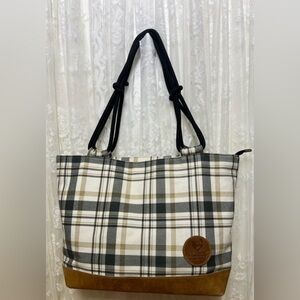 “Farmhouse is My Style” Plaid Bag, Zipper Top, Bottom Leather Pre-Used Beautiful
